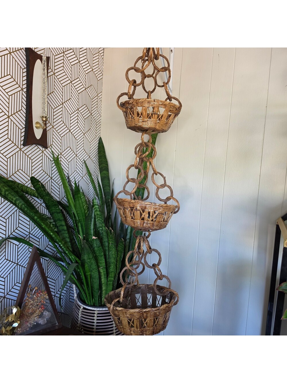 Large 3 Tier Vintage Hanging Woven Wicker Baskets 45"